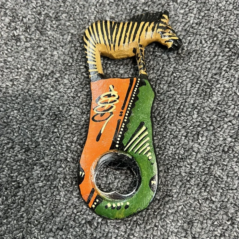 Vintage Hand Painted Zebra Wood Bottle Opener OS Multi Color Safari Folk Art